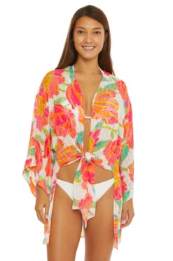 Poppy Tie-Front Beach Shirt -Farm Rio Swimwear Shop 3733935 Apparel Top White Multi Front 2