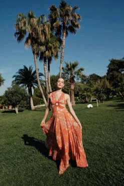 Begonia Cutout Maxi Dress -Farm Rio Swimwear Shop BEGONIA CUTOUT DRESS Apparel Dress Gold Flame Lifestyle