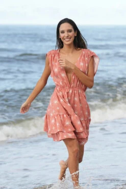 Metallic Plunge Mini Dress -Farm Rio Swimwear Shop CL23215C Apparel Dress Canyon Sunset Lifestyle