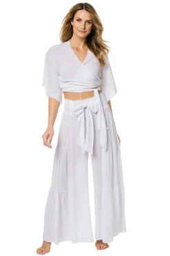 ELAN Wide Leg Bow Tie Pants -Farm Rio Swimwear Shop ELA WHITE WH Bottoms Front 90418