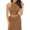 ELAN Crochet Halter Crop Top -Farm Rio Swimwear Shop HHC11035 Apparel Top Brown Front