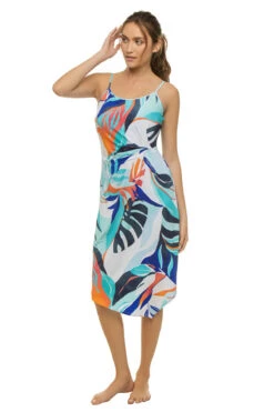 Coastal Palms Asymmetrical Draped Midi Dress