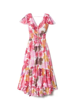 New Moon Maxi Dress -Farm Rio Swimwear Shop NEW MOON MAXI Apparel Dress Waimea Pink And Rust Laydown