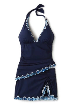 Ruffle Halter Tankini Top -Farm Rio Swimwear Shop PRO BLUE NV Tops Laydown 99042