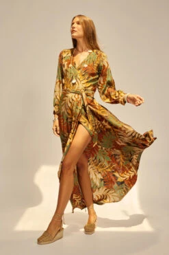 Kate Wrap Maxi Dress -Farm Rio Swimwear Shop S127 KATE N Apparel Dress Jungle Print Moss Green Lifestyle