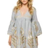 Embroidered Metallic Mini Dress -Farm Rio Swimwear Shop S23K 230559 Apparel Dress Light Grey Gold Front