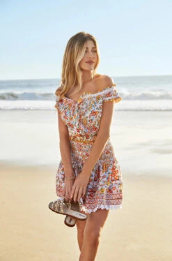 Galia Smocked Mini Skirt -Farm Rio Swimwear Shop WGLS23U7AQO Apparel Bottom Orange Aquarelle Lifestyle